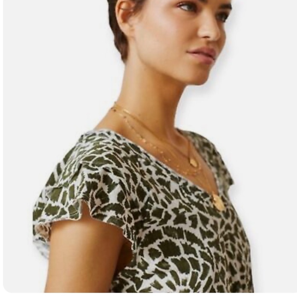 Maeve Catie Ruffle-Sleeved Tee XS Green Geometric Animal Print Anthropologie - Picture 2 of 7